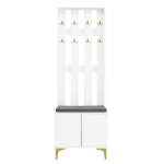 Coat Rack and Shoe Bench Set with Cushioned Seat and Adjustable Shelves, Entry Storage Unit with Wave-Panel Doors, 21.5'' L x 14'' W x 68.5'' H, White