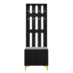 Coat Rack and Shoe Bench Set with Cushioned Seat and Adjustable Shelves, Entry Storage Unit with Wave-Panel Doors, 21.5'' L x 14'' W x 68.5'' H, Black