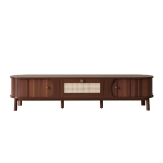 Rattan TV Cabinet with MDF Body and Solid Wood Legs, Bamboo Slat TV Stand with Sliding Door, 67'' L x 15.5'' W x 15'' H, Wood