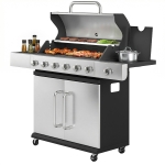 Outsunny 6 Burner Propane Gas Grill with Side Burner, Barbecue Grill with Cast Iron Grates, Wheels, Side Tables, Cabinet
