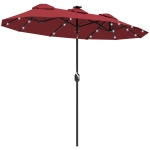 Outsunny Double-sided Patio Umbrella, 9.7' Outdoor Umbrella with Tilt and Crank, LED Solar Light and 12 Ribs, Wine Red