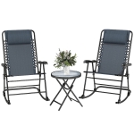 Outsunny 3pc Patio Rocking Chair Set, Folding Outdoor Rocking Chairs and Table Bistro Set w/ Breathable Mesh Seat & Backrest, Headrest for Park, Backyard, Garden, Grey