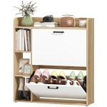 HOMCOM Shoe Cabinet with 2 Flip Drawers, 3 Side Compartments, Adjustable Shelves, 8-12 Pairs for Entryway Hallway, Natural