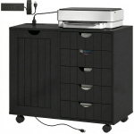 HOMCOM Mobile Lateral Filing Cabinet with 5 Drawers, Printer Stand with Power Outlets and USB Ports for Home Office, Black