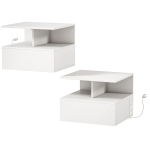 HOMCOM Floating Nightstand Set of 2, Wall Mounted Bedside Table with with Power Outlets, Drawer and Shelf, White