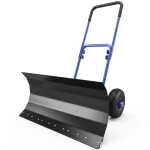 Outsunny Snow Shovel with Wheels, 29" x 16.5" Metal Snow Pusher with Adjustable Handle, 5-Angle Blade for Driveway, Blue