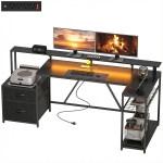 HOMCOM 76" Gaming Desk, Reversible Computer Table with RGB Lights, USB Ports, Monitor Stand and 2 Fabric Drawers, Black
