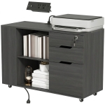 HOMCOM Filing Cabinet with Power Outlets File Cabinet Lockable Casters File Drawer Side Cubbies Black Wood Grain