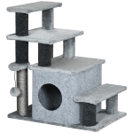 PawHut Adjustable Height 3 Step/4 Step Cat Stairs w/ Sisal Cat Scratching Post, Cat Condo, Toy Ball, for Bed, Sofa, Couch, Gray