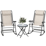 Outsunny 3pc Patio Rocking Chair Set, Folding Outdoor Rocking Chairs and Table Bistro Set w/ Breathable Mesh Seat & Backrest, Headrest for Park, Backyard, Garden, Cream White