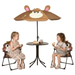 Outsunny Kids Folding Picnic Table and Chair Set Pattern Outdoor Garden Patio Backyard with Removable & Height Adjustable Sun Umbrella Brown