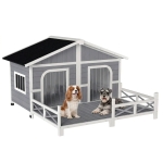 PawHut Dog House Outdoor, Wooden Dog Kennel Weatherproof with Porch, Openable Roof, Removable Bottom, Elevated Floor, Double Room for 2 Small to Medium Breeds, Gray