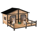 PawHut Dog House Outdoor, Wooden Dog Kennel Weatherproof with Porch, Openable Roof, Removable Bottom, Elevated Floor, Double Room for 2 Small to Medium Breeds, Natural