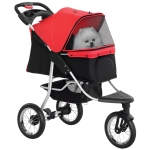 PawHut Pet Stroller for Small Dogs, 3 Rubber Wheels, One-click Easy Folding All-Terrain Dog Stroller, Adjustable Canopy, Zippered Mesh Window Door, Storage Basket, Red