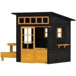 Qaba Outdoor Playhouse, Wooden Kids Playhouse w/ Picnic Table & Benches, Chalkboards, Half Door, Windows, for Kids Ages 3-8