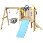 Outsunny Swing Set for Backyard, Wooden Toddler Outdoor Playset with Baby Swing Seat, Kids Slide, Fort, Playground Equipment with Captain's Wheel, Telescope for Ages 1.5-4, Natural
