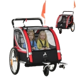Aosom 2 Seat Bike Trailer for Kids 2-in-1 Double Baby Stroller with Handbrake, Rubber Wheels, 5 Point Harness, Waterproof Cover, Storage Bag, Reflectors, Red