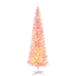 HOMCOM 7ft Pencil Christmas Tree, Slim Artificial Christmas Tree with Realistic Branches and Warm White LED Lights, Pink