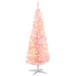 HOMCOM 5' Pre Lit Artificial Pencil Christmas Trees, Xmas Tree with Realistic Branches and Warm White LED Lights, Pink
