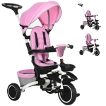 Aosom Tricycle for Toddler 6-in-1 Kids Trike, Foldable Converts Stroller to Baby Push Bike, Adjustable Backrest with Detachable Guardrail & Handle, Brake for 1-4 Years Old, Pink