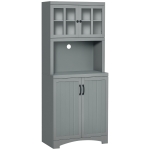 HOMCOM Storage Cabinet with Adjustable Shelves and Microwave Space, 70" Pantry Cabinet with Glass Framed Door, Gray