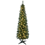 HOMCOM 7' Tall Pre-Lit Slim Noble Fir Artificial Pencil Christmas Tree with 200 Warm White LED Lights and 499 Tips, for Christmas Decoration, Green