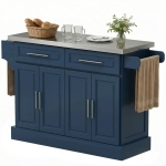 HOMCOM Rolling Kitchen Island with Stainless Steel Top, 2 Drawers, Spice, Knife and Towel Rack and Cabinets, Navy Blue