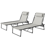Outsunny 2 Folding Chaise Lounge Pool Chairs with 4-Position Reclining Back, Pillow, Breathable Mesh & Bungee Seat, Dark Blue