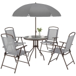 Outsunny 6 Piece Patio Dining Set for 4 with Umbrella, with 4 Folding Dining Chairs & Round Glass Table for Garden, Gray