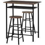 HOMCOM 3 Piece Counter Height Bar Table Set with 1 Table, 2 Matching Stools, Dining Table Set with Storage Shelf and Metal Frame Footrest, Black and Oak