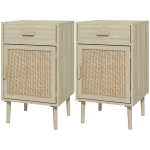 HOMCOM Boho Bedside Tables Set of 2, Nightstands with Drawer, Rattan Cabinet, Adjustable Shelf for Bedroom, Living Room, Oak