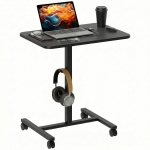 HOMCOM Height Adjustable Standing Desk, Pneumatic Sit Stand Desk with Wheels and Headphone Hook, Black Wood Grain