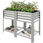 Outsunny Raised Garden Bed Galvanized Steel, Elevated Planter Box with Storage Shelf, Bed Liner, 31.5" High, Silver