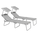 Outsunny 2 Pieces Outdoor Lounge Chair, Adjustable Folding Chaise Lounge, Tanning Chair with Sun Shade for Beach, Camping, Hiking, Backyard, Light Grey