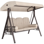 Outsunny 3-Seat Patio Swing Chair, Outdoor Porch Swing Glider with Adjustable Canopy, Removable Cushion, Pillows and Side Trays, for Garden, Poolside, Backyard, Beige