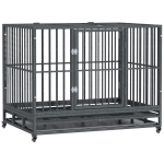 PawHut 43" Heavy Duty Dog Crate Metal Cage Kennel with Lockable Wheels, Double Door and Removable Tray, Gray