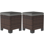 Outsunny 2 Piece Wicker Outdoor Ottomans with Cushions, Rattan Ottoman Footrest and Side Table for Patio, Yard, Poolside, Gray