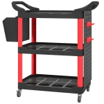 HOMCOM 3-Tier Rolling Tool Cart, 200 LBS Capacity Plastic Utility Cart with Side Shelf and Storage Bucket, Black & Red