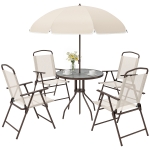 Outsunny 6 Piece Patio Dining Set for 4 with Umbrella, Outdoor Table and Chairs with 4 Folding Dining Chairs & Round Glass Table for Garden, Backyard and Poolside, Beige