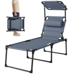 Outsunny Outdoor Lounge Chair, 4 Position Adjustable Backrest, Folding, Cushioned w/ Sun Shade Roof & Pillow, Gray