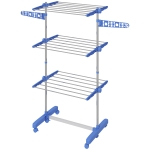 HOMCOM 3-Tier Foldable Clothes Drying Rack, Stainless Steel Laundry Rack with 2 Side Wings and 6 Castors, Collapsible Adjustable Clothes Airer for Indoor Outdoor, Blue