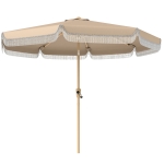 Outsunny 9 ft Patio Umbrella with Push Button Tilt and Crank, Fringed Outdoor Market Table Umbrella Parasol, Khaki