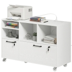 HOMCOM File Cabinet, 2 Drawer Mobile Lateral Filing Cabinet Printer Stand with Lock, Charging Station, Hanging Bars, White