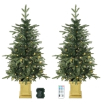 HOMCOM 4ft Prelit Christmas Tree with Dual-Color LEDs, Remote, Set of 2 Aspen Fir, Battery-Operated, 11 Modes, Decorative Pot