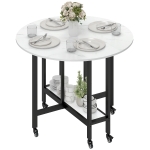 HOMCOM Folding Dining Table, Drop Leaf Table with Open Shelf, Rolling Kitchen Table for Dining Room, Small Spaces, White Marble