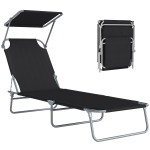 Outsunny Outdoor Lounge Chair, Adjustable Folding Chaise Lounge, Tanning Chair with Sun Shade for Beach, Camping, Hiking, Backyard, Black