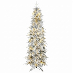 HOMCOM 7ft Prelit Flocked Christmas Tree, Artificial Pencil Hinged Xmas Tree w/ Slim Downswept Shape, 350 Warm White LED Lights, 8 Modes, Daily Timer, 800 Tips, Remote, Green White