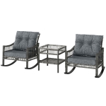Outsunny 3 Piece Outdoor PE Rattan Rocker Chair Set, Rocking Chair with Tempered Glass Table Top, Gray