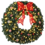 HOMCOM Artificial Xmas Wreath, 48 Inch Pre-Lit Christmas Wreath with 200 LED Lights, Lighted Bow and 31 Ornament Set, Green