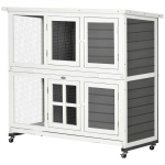 PawHut 2 Tier Wooden Rabbit Hutch with Wheels, Waterproof Roof, Removable Tray for Outdoor & Indoor, Dark Grey